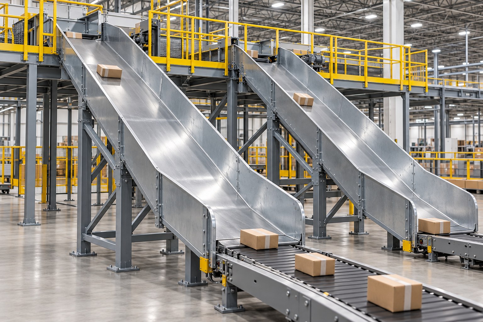 Illustrative parcel chutes connecting an elevated platform to conveyors