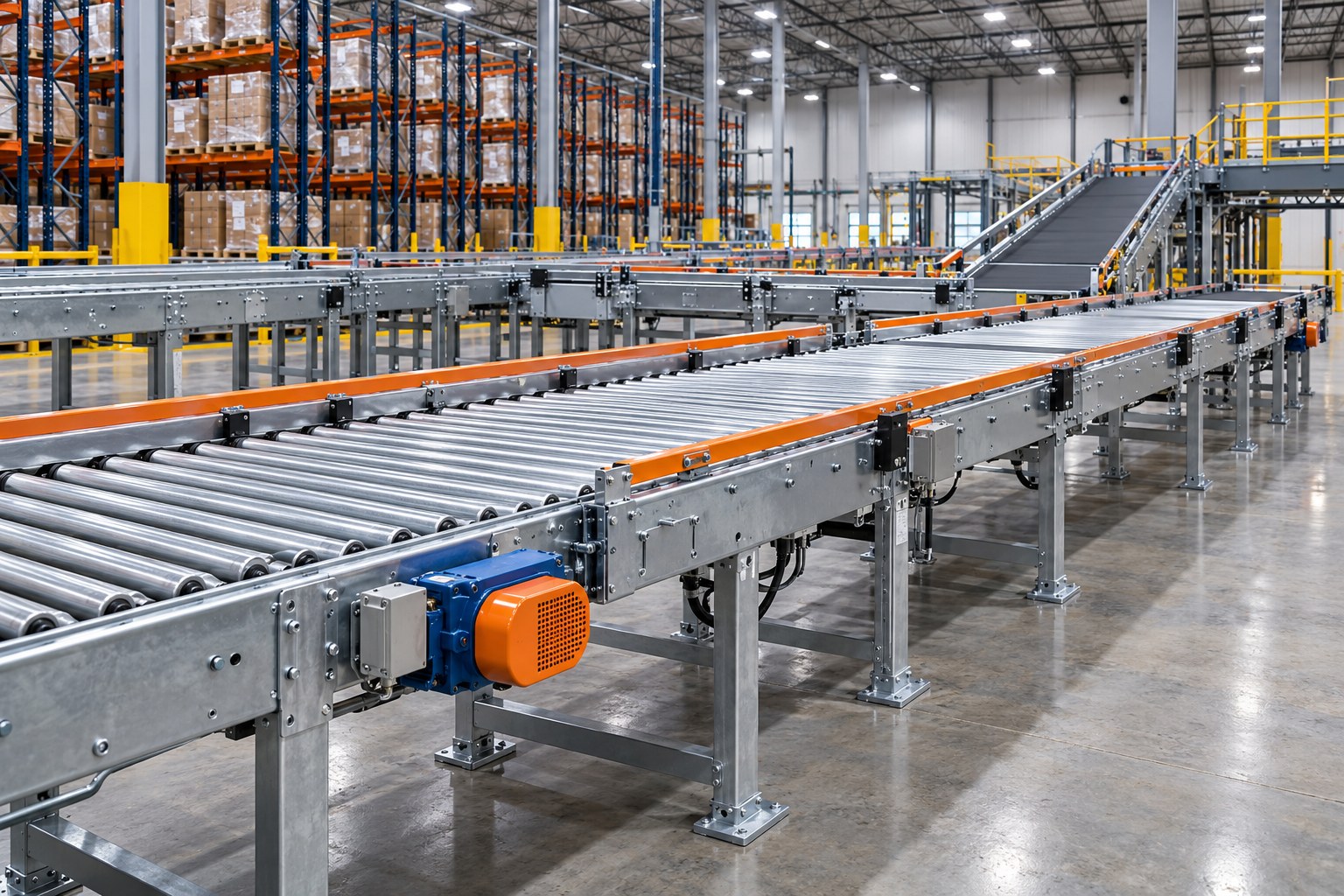 Illustrative roller and belt conveyor installation