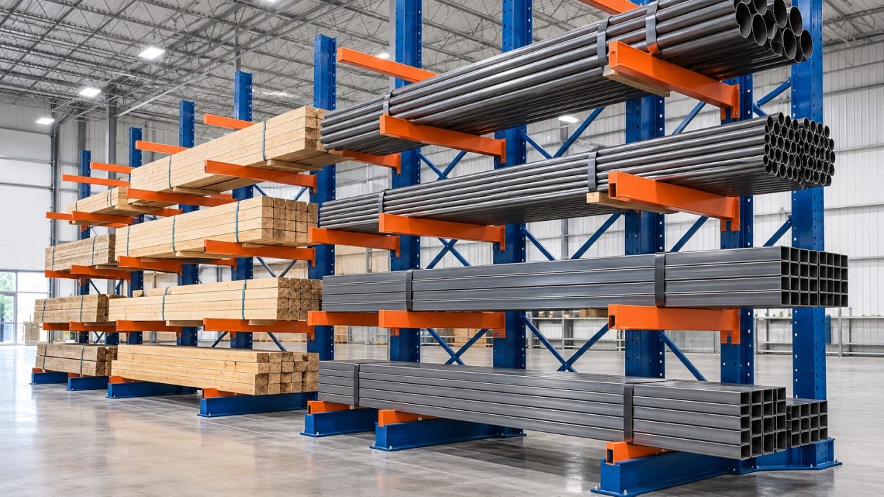 Illustrative AI-generated cantilever racks for long steel tubes and lumber