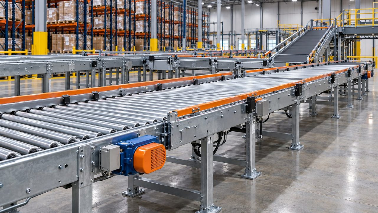 Illustrative AI-generated roller and belt conveyor installation