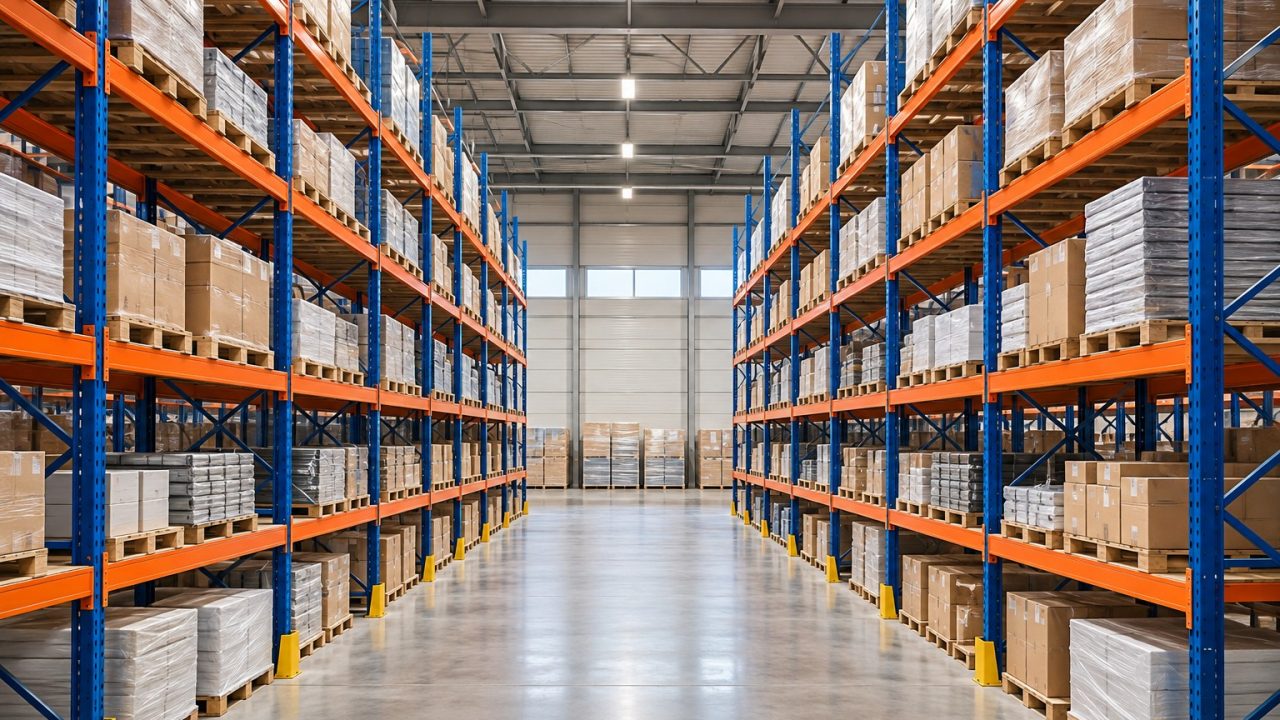 AI-generated illustration of aligned industrial pallet racks in a clean warehouse