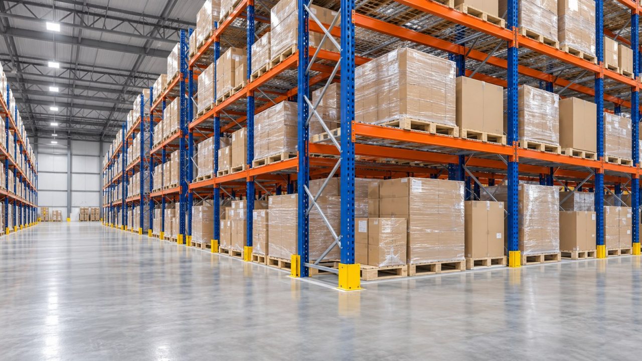 Illustrative AI-generated blue and orange industrial pallet racking