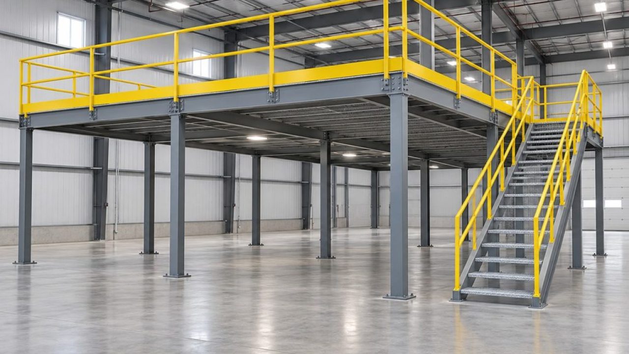 Illustrative AI-generated industrial mezzanine platform with stairs and yellow guardrails